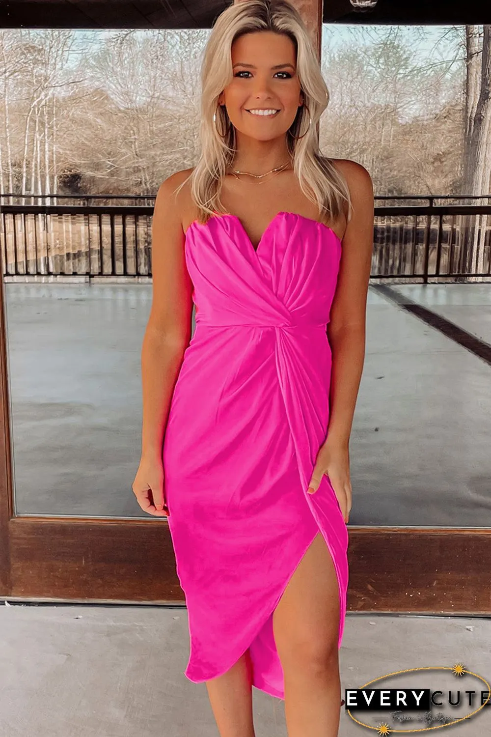 Rose Strapless Ruched Wrapped Slit Midi Dress