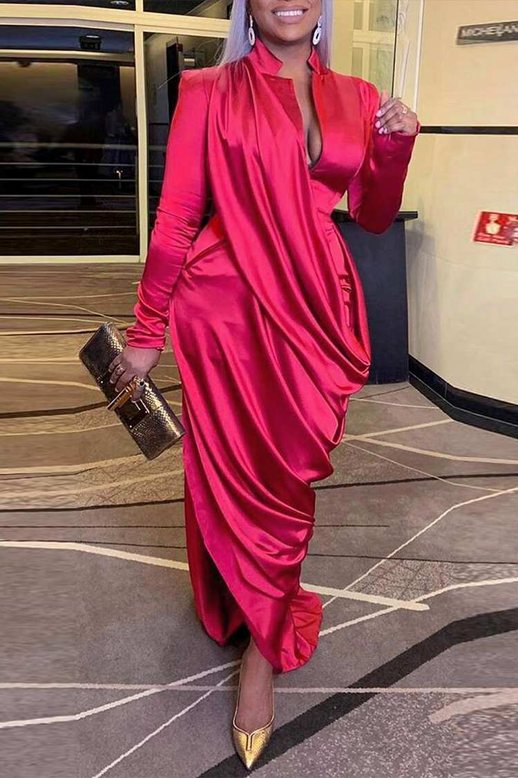 Deep V Neck Long Sleeve Ruched Solid Color Formal Party Maxi Dresses-Red