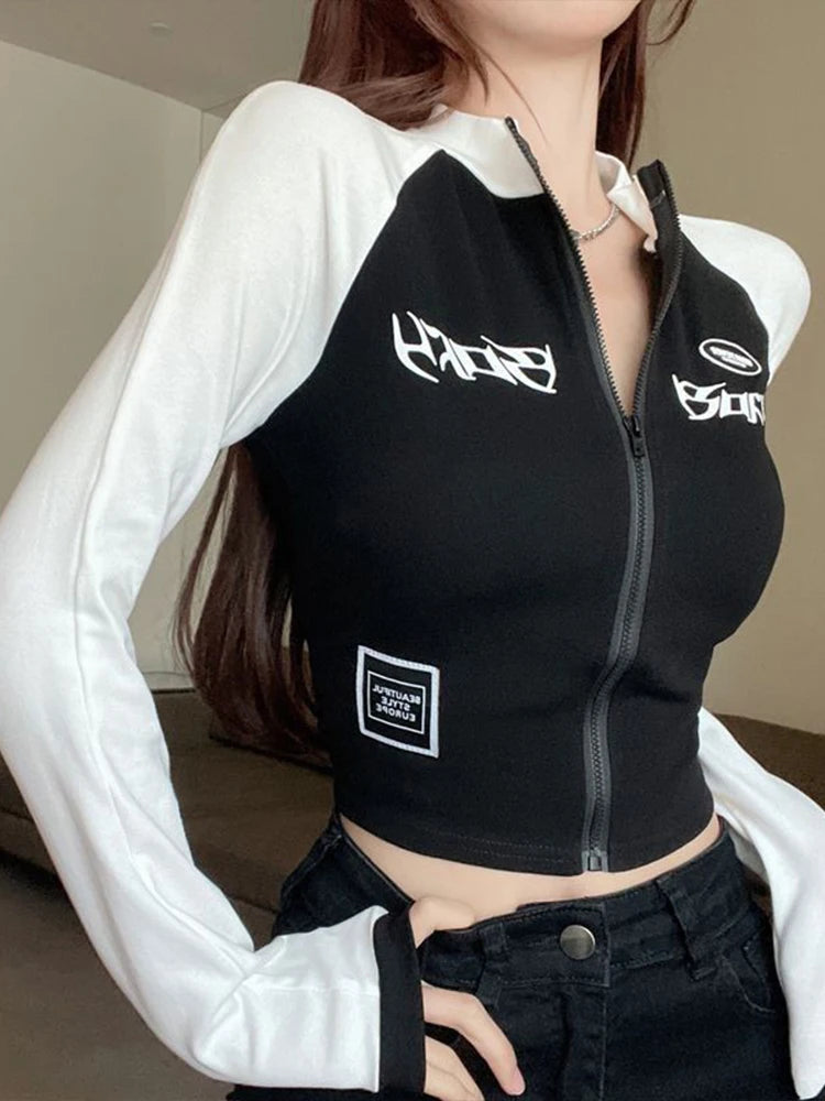 OLCooL Y2K Vintage T-shirt Women Spring Long Sleeve O Neck Crop Top Korean Fashion Vintage High Street Zip Up Skinny Tees Streetwear olcool