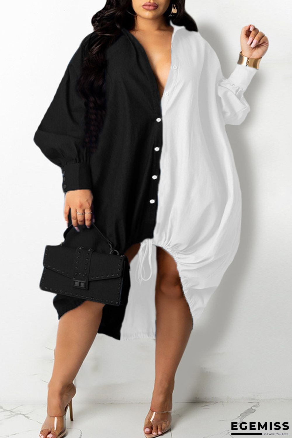 Black Fashion Casual Plus Size Solid Patchwork Asymmetrical Turndown Collar Shirt Dress | EGEMISS