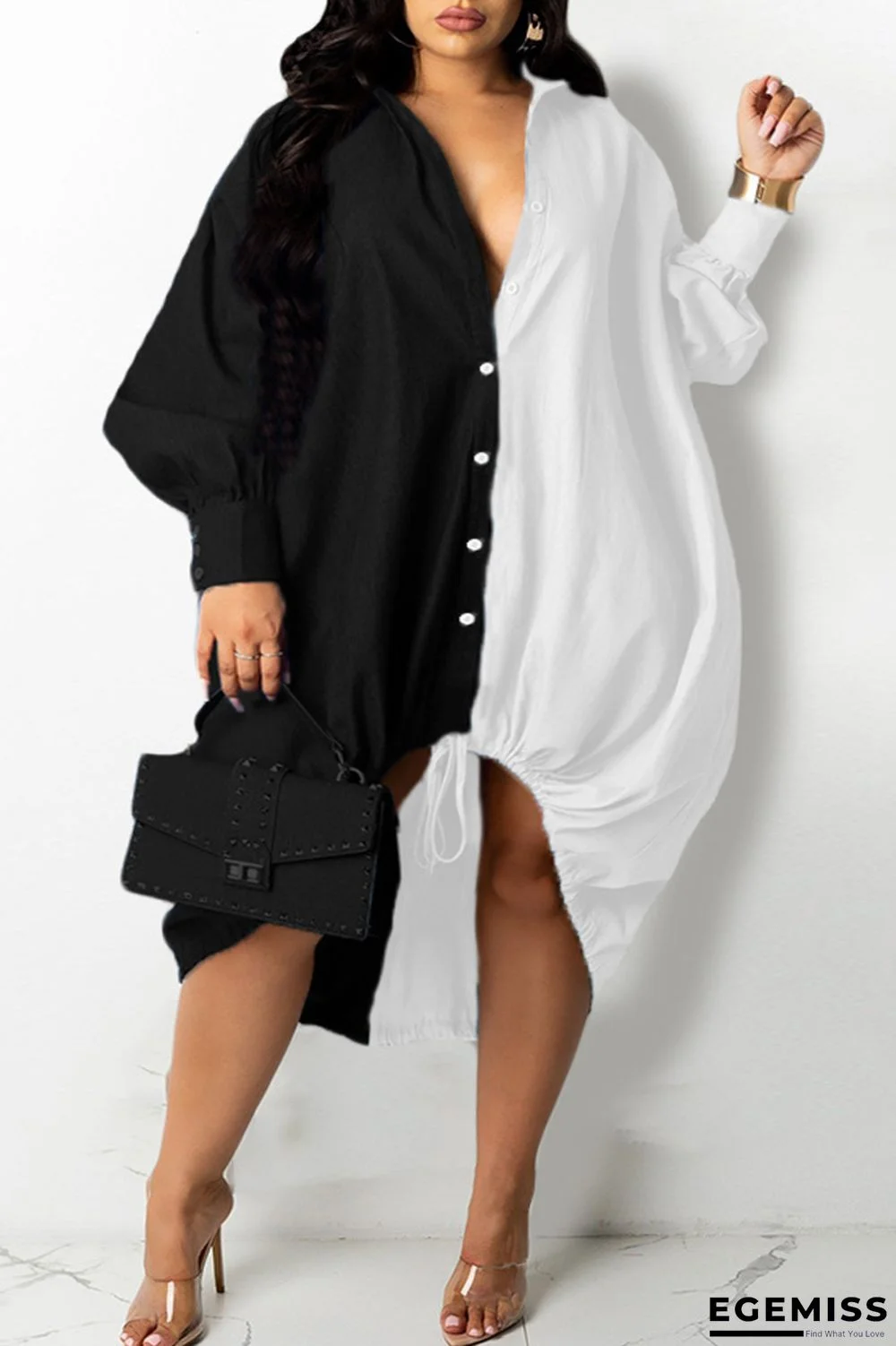 Black Fashion Casual Plus Size Solid Patchwork Asymmetrical Turndown Collar Shirt Dress | EGEMISS