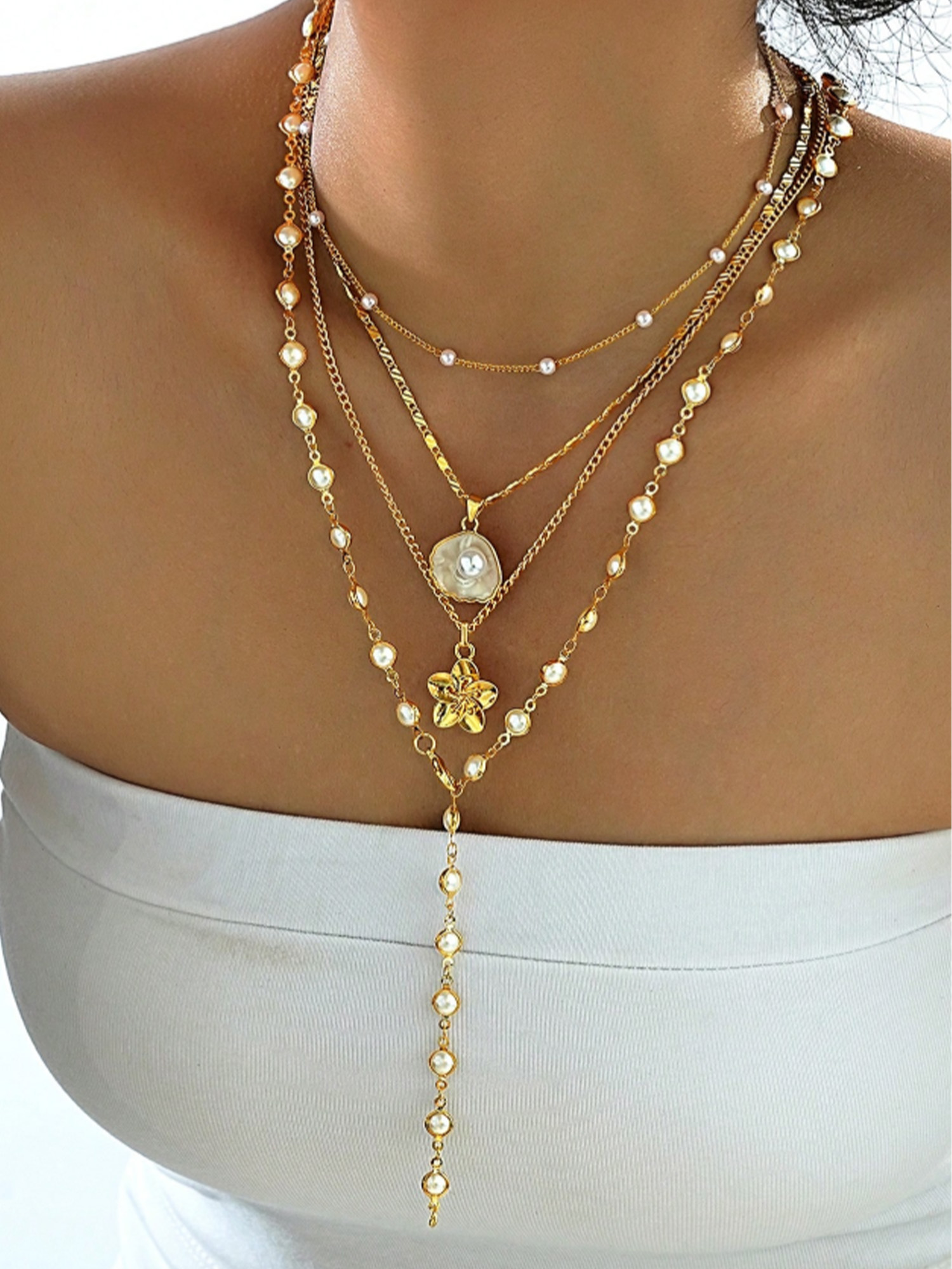 Vacation &mdash; Gold Pearl Layered Floral Pendant Necklace