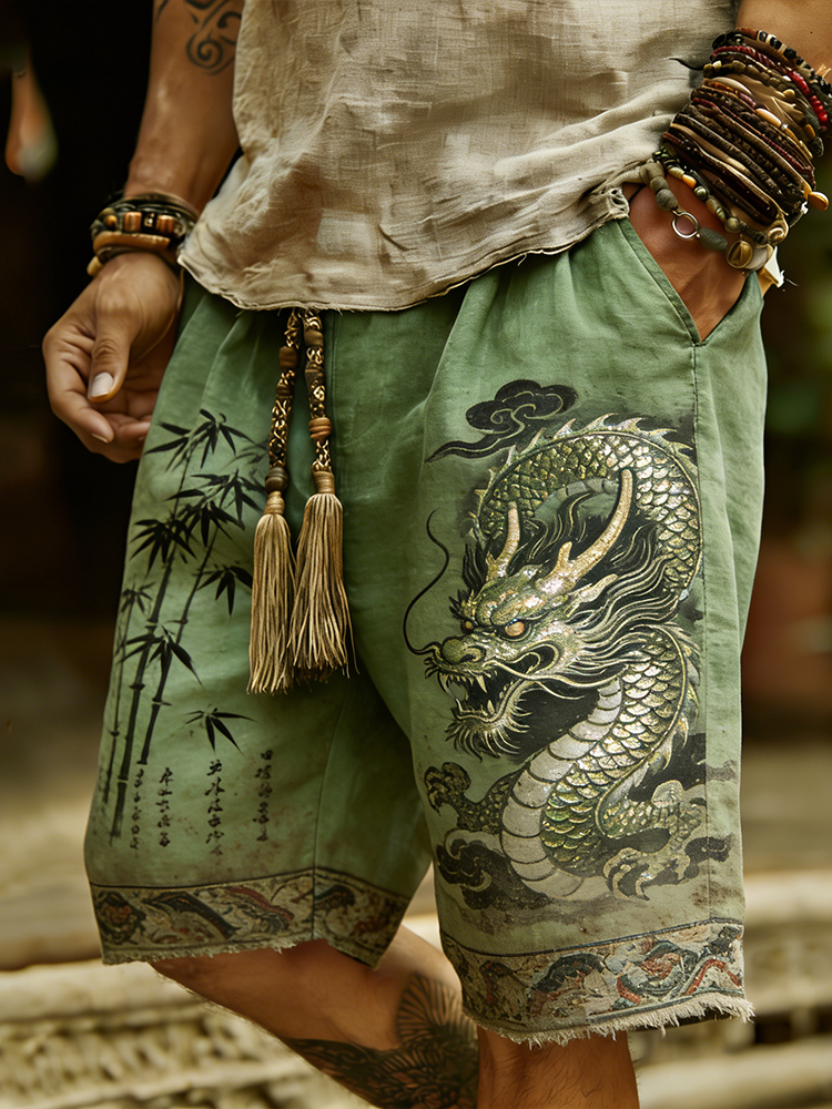 Japanese Style Dragon Totem And Bamboo Forest Art Cotton Linen Shorts elevenforest
