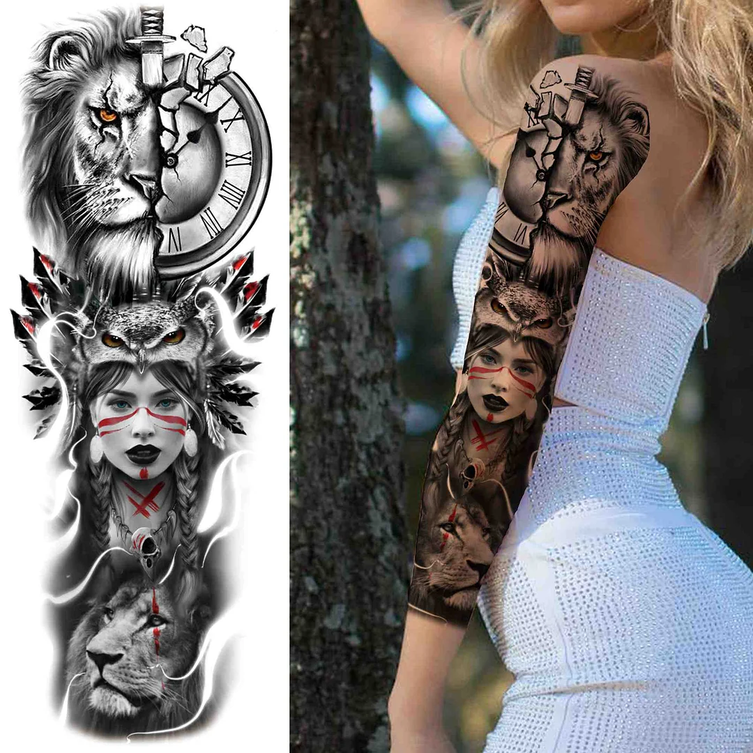 Sexy Girl Flower Temporary Tattoos For Women Men Black Lion Triangle Tattoo Sticker Fake Tribal Full Arm Sleeve Tatoos Paste 923