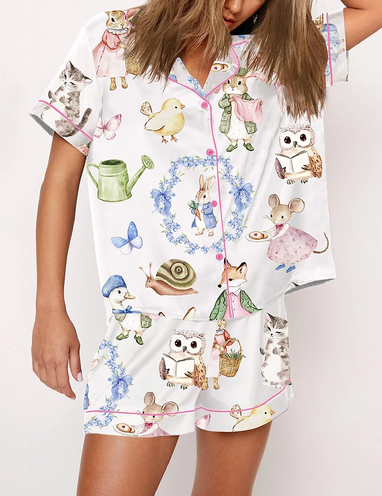 Women&rsquo;s Vintage Bunnies Cottagecore Rabbits Cute Easter Watercolor Spring Print Short Sleeve Satin Pajama Set