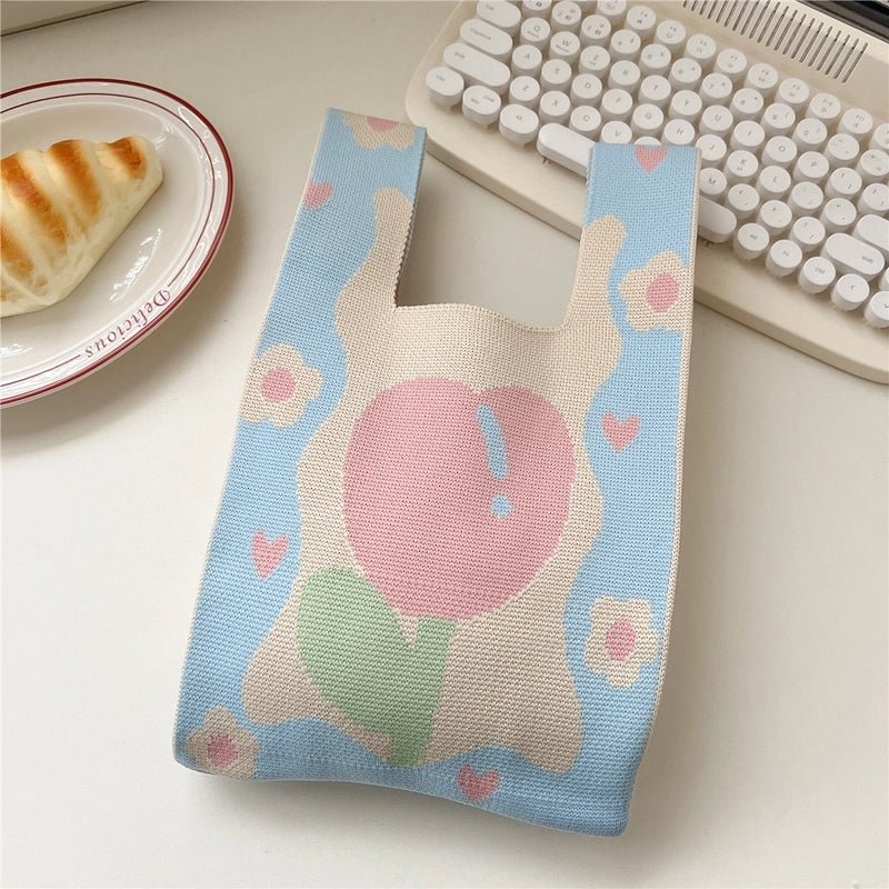 Women’s Small Knit Stripe Fruit Cute Basic Weave Open Bucket Bag