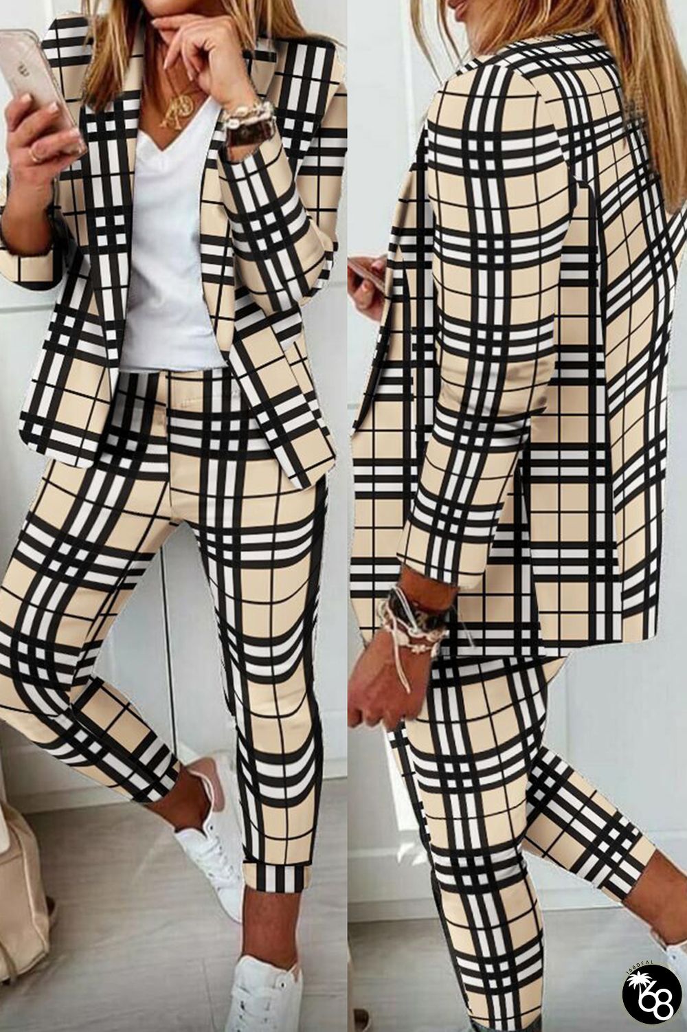 Light Yellow Casual Plaid Print Patchwork Turn-back Collar Long Sleeve Two Pieces | 168DEAL