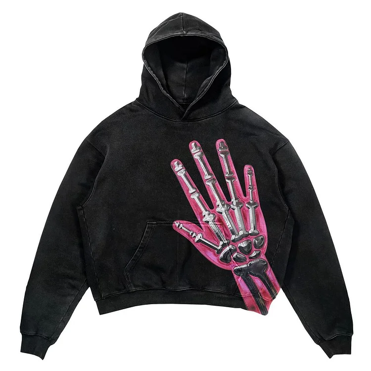 Hip Hop Retro Men Skull Hand Print Street Hoodie at Hiphopee