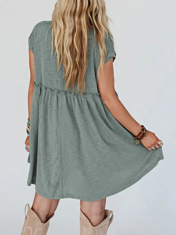 Viscose Green Frilled Seam Pocket T Shirt Dress