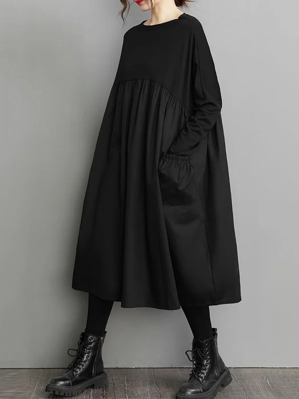 Effortless Elegance: Loose Black Midi Dress with Split-Joint and Long ...
