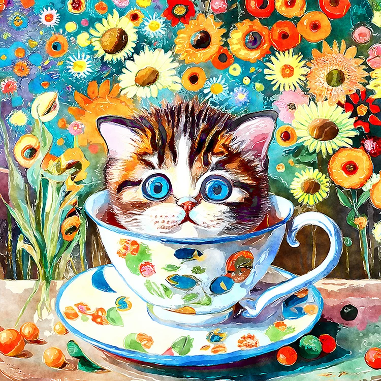 Cat In Tea Cup 30*30CM (Canvas) Full Round Drill Diamond Painting gbfke