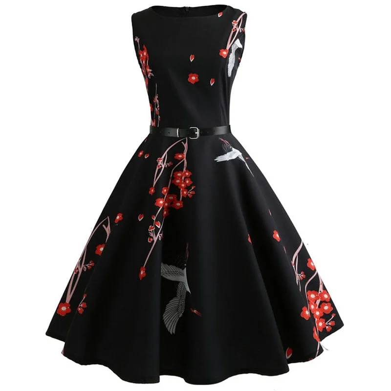 Floral Printed Women Summer Dresses 2022 Elegant O-neck Sleeveless Tank Robe Vintage Rockabilly Dress Pinup Swing with Belt
