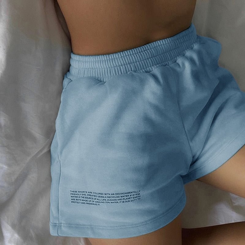 Streetwear movement Shorts pants Women Elastic High Waist Beyouare Summer Blue English Letter printing Loose Solid Lady Casual