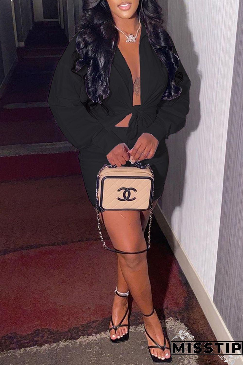 Coffee Fashion Sexy Solid Basic Turndown Collar Long Sleeve Two Pieces