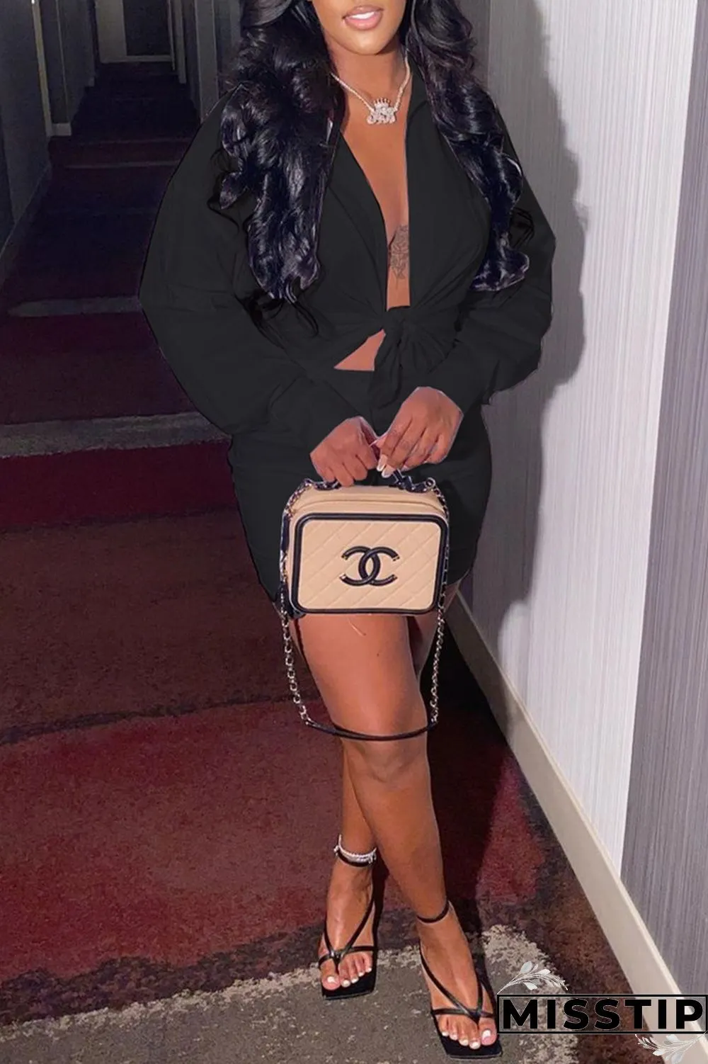 Coffee Fashion Sexy Solid Basic Turndown Collar Long Sleeve Two Pieces