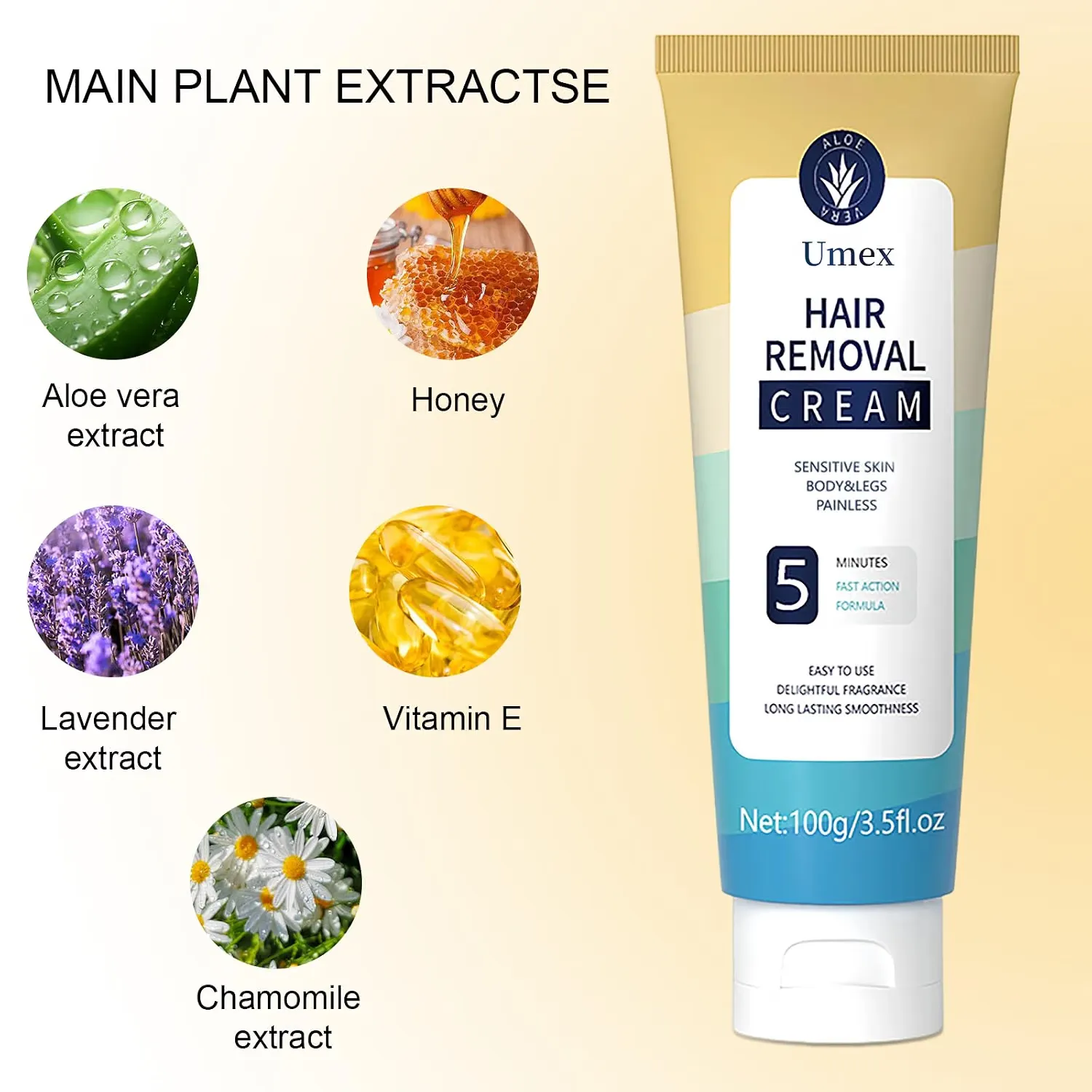 Aloe vera and licorice root ingredients in hair removal cream