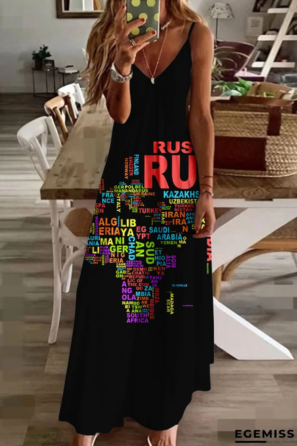 Black Fashion Sexy Print Backless V Neck Sling Dress | EGEMISS