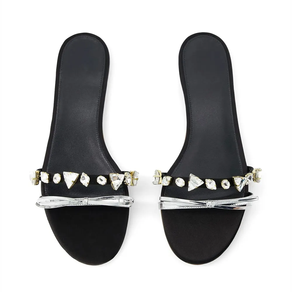 Women's Black Round Toe Flat Rhinestone Mules Sandals with Bow