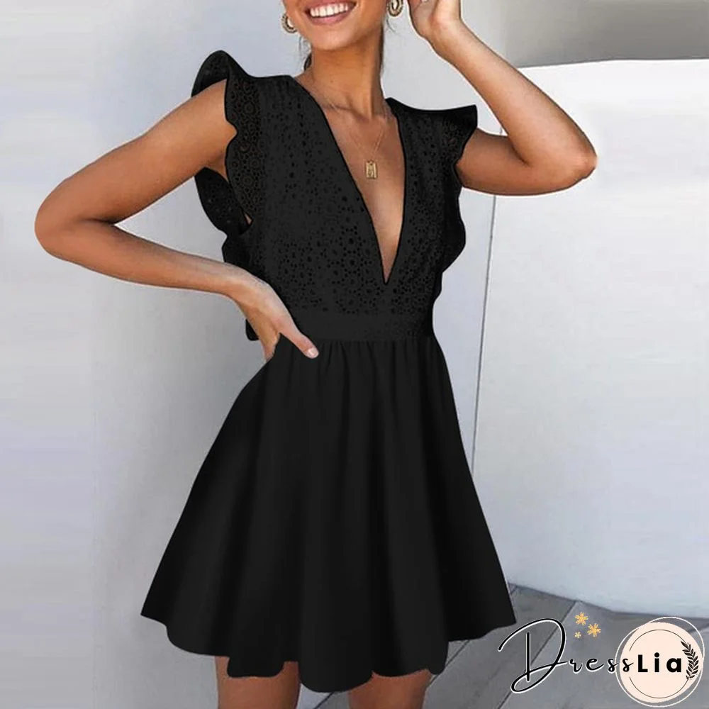 Summer Women Sleeveless Tank Dress Lace Stitching V-neck Ruffle Party Casual Solid Mini Dress Vestidos