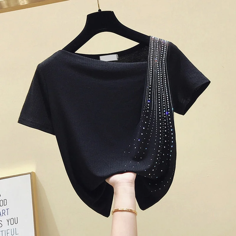 Solid Short Sleeve Tee Tops Casual Women Clothing Spring Summer New Irregular Diamonds Tops Black Blouse Femme Blusas 10016