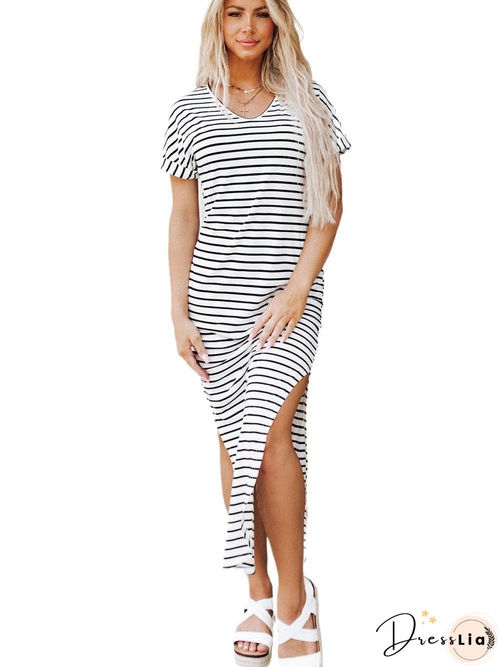 Chic Black V-Neck Striped Maxi Dress with Side Slits