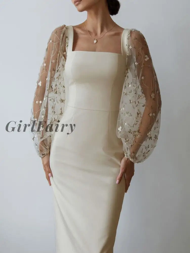 Girlfairy Splicing Floral Formal Women Elegant Dress Black Lantern Long Sleeve Short Square Collar