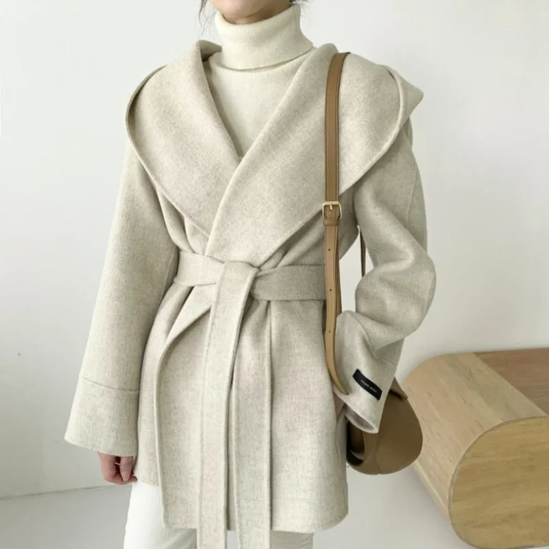 Aachoae Women Solid Color Wool Coats With Belt Long Sleeve Hooded Pockets Coats Female Chic Elegant Outerwear