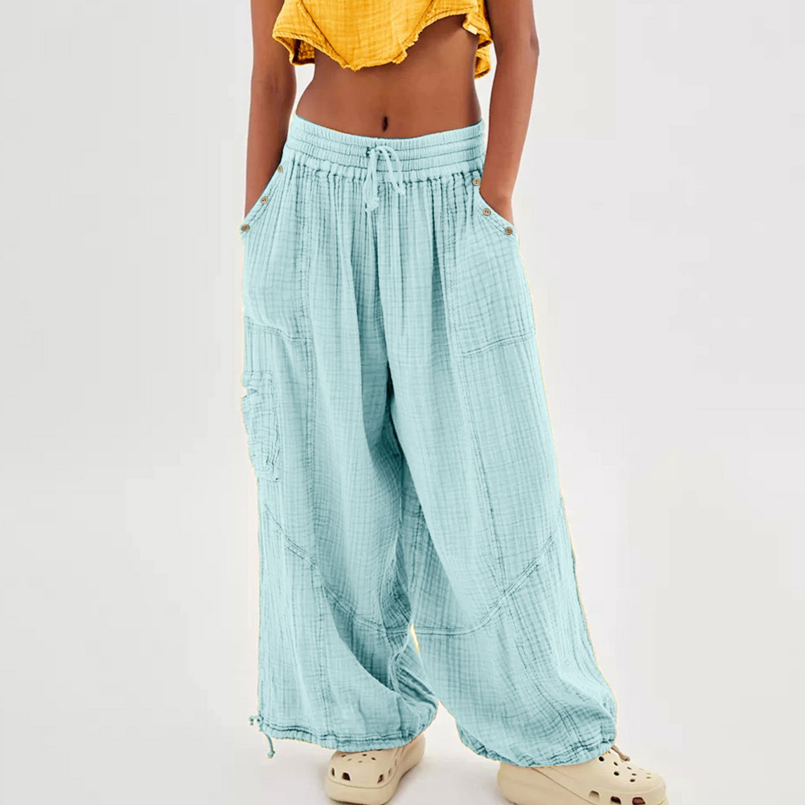 Whosewln Linen Pants Women Wide Leg Harem Pants High Waist Button Drawstring Palazzo Pants Loose Workout Stright Long Wide Leg Pants