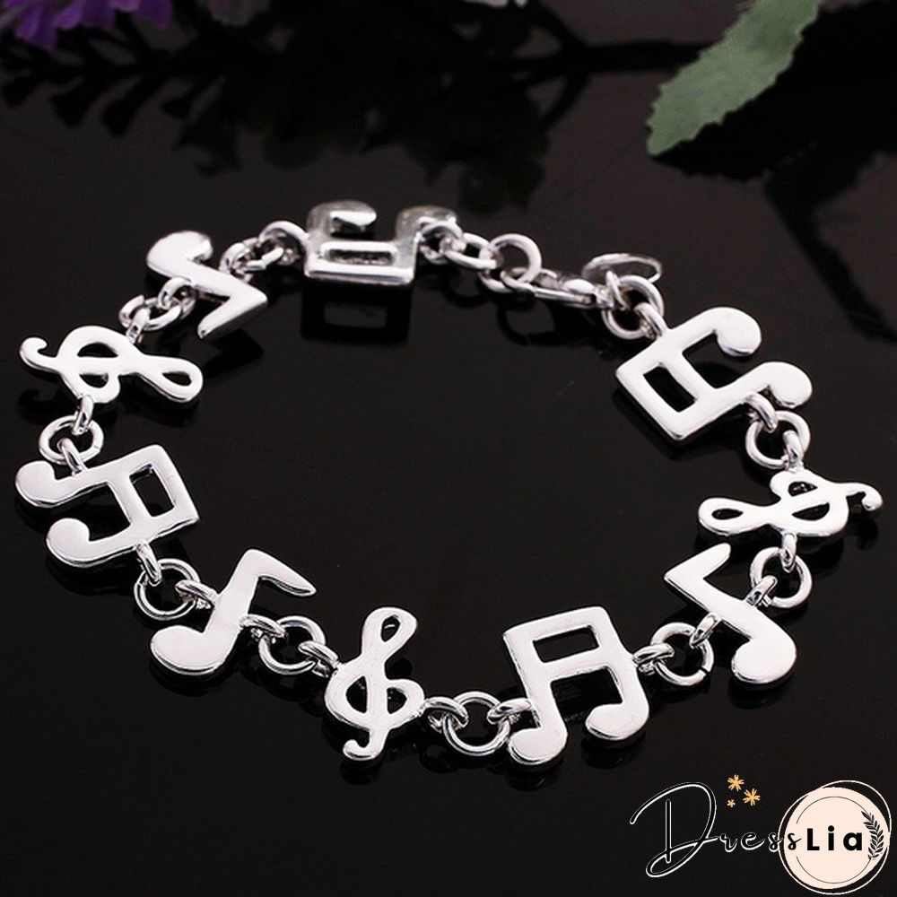 New Women 925 Sterling Silver Plated Charm Cute Music Note Chain Bracelet Bangle