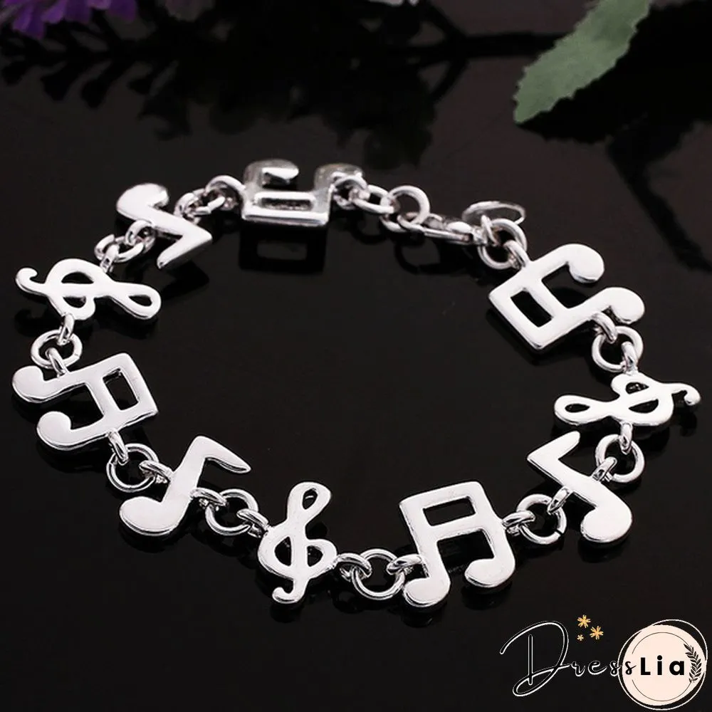 New Women 925 Sterling Silver Plated Charm Cute Music Note Chain Bracelet Bangle