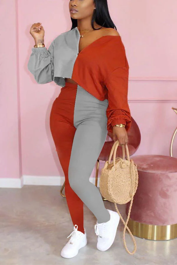 Brown Polyester Sexy Solid pencil Long Sleeve Two Pieces