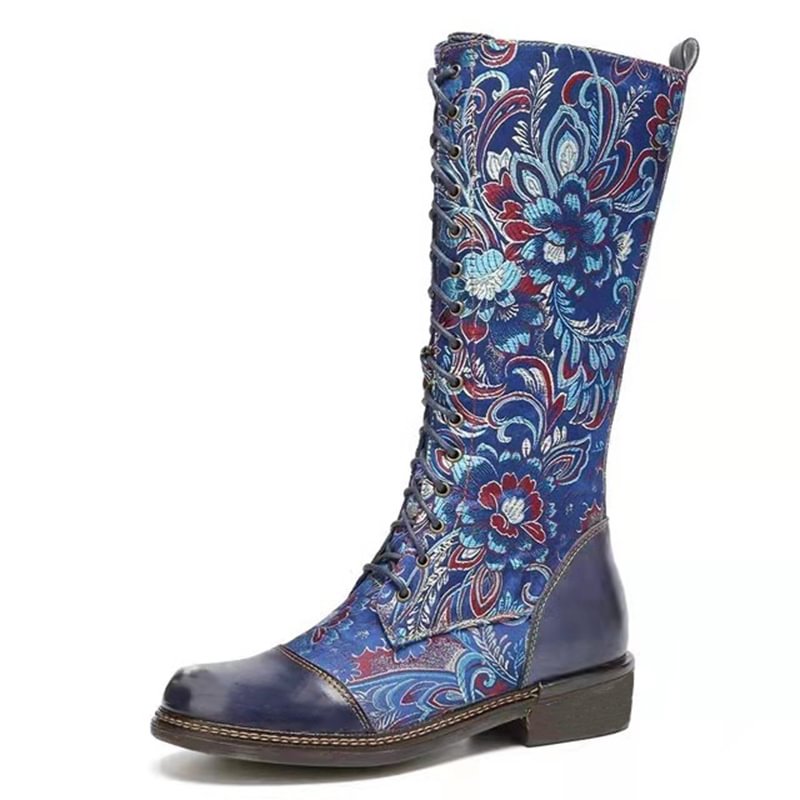 National style totem square heel print mid-tube Martin boots rider boots
