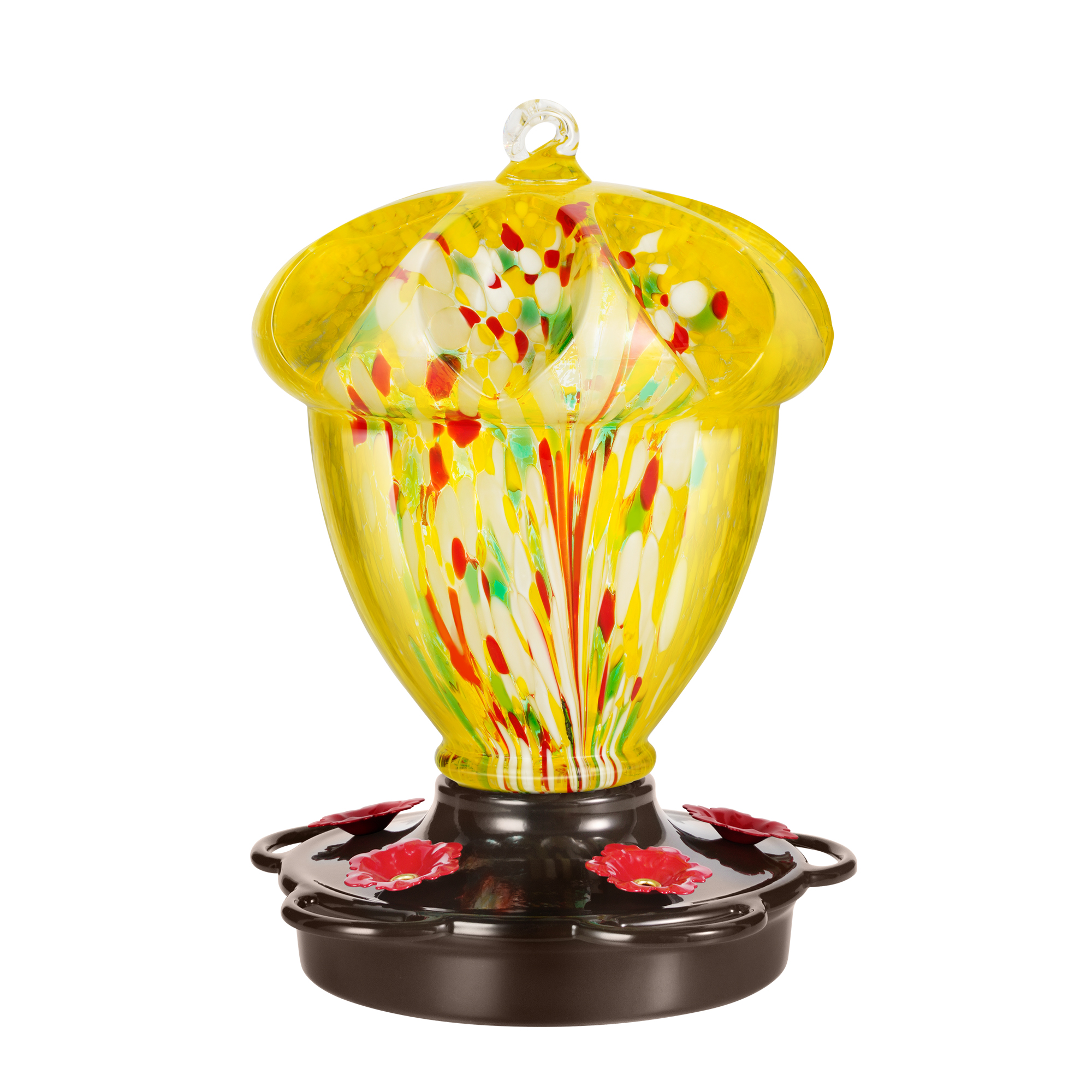 LUJOIN Acorn Shaped Hummingbird Feeder for Outdoors, Hand Blown Glass, 25 fl.oz, Leak Proof & Rustproof, Includes an Ant Moat S Hook, Metal Cover with 5 Feeding Ports, Yellow
