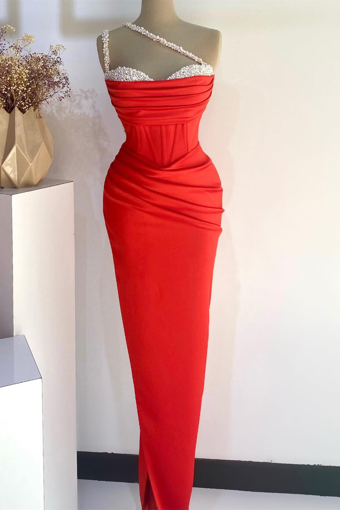 Chic Red One Shoulder Sleeveless Mermaid Evening Gown With Pearls Online - lulusllly