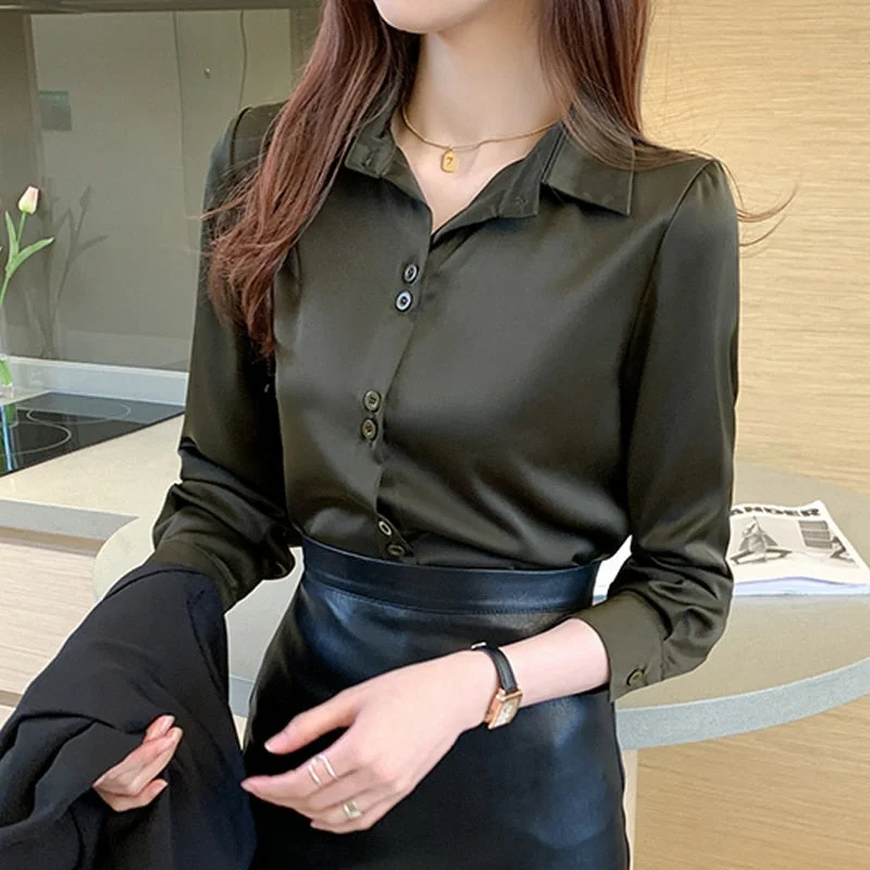 2021 Fashion Satin Long Sleeve Blouses Button Up White OL Vintage Tops V-neck Solid Ladies’ Tops Women's Silk Shirts Women 17278