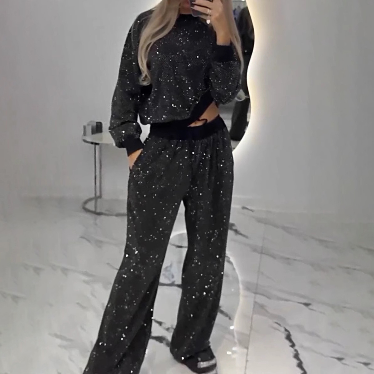 Women's Full Sleeve Long Round Neck Top Drawstring Wide Leg Two Piece Set