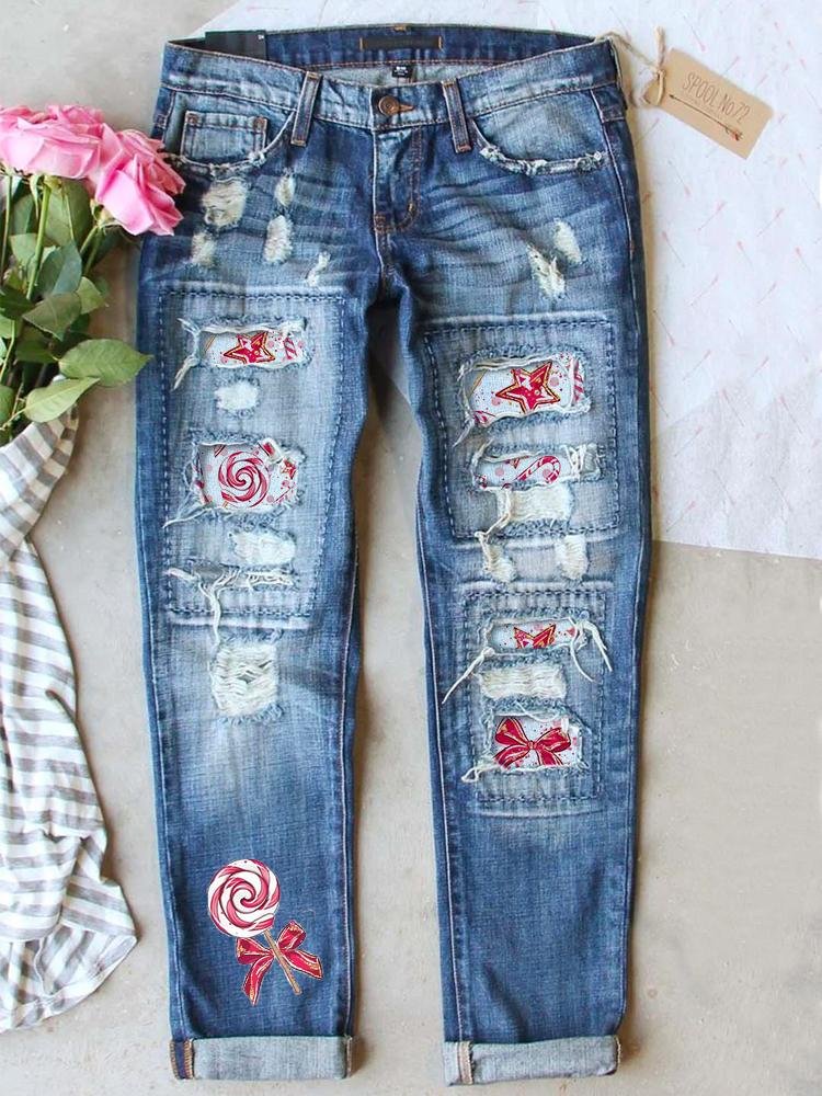 Chrismas Candies Graphic Mid Waist Ripped Jeans