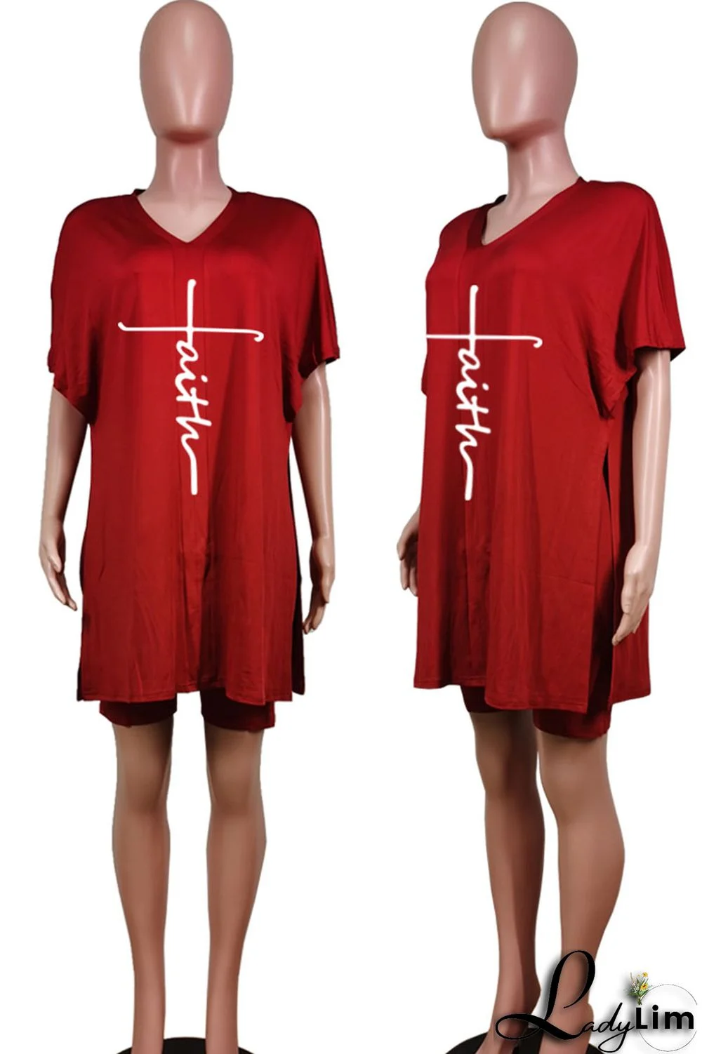 Tangerine Red Casual Print Split Joint V Neck Short Sleeve Two Pieces