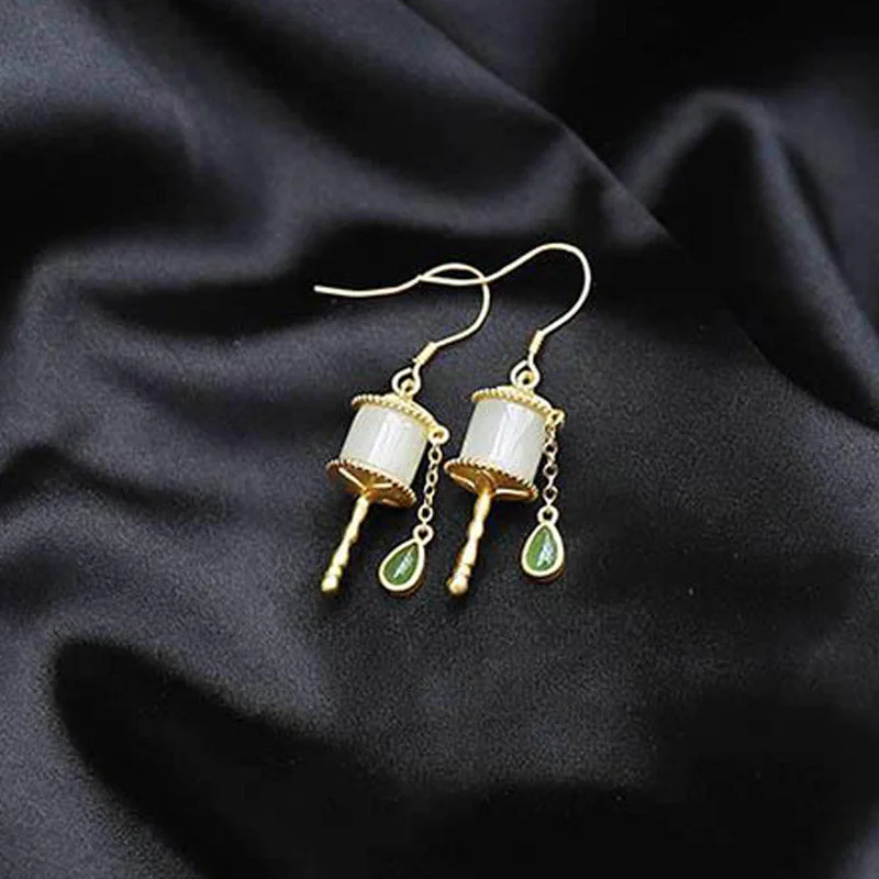 925 Sterling Silver Jade Prayer Wheel Luck Drop Earrings