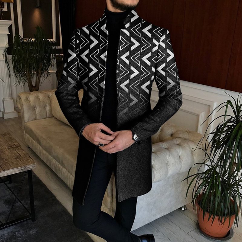 Men's Geometric Gradient Collar Mid Length Tweed Coat