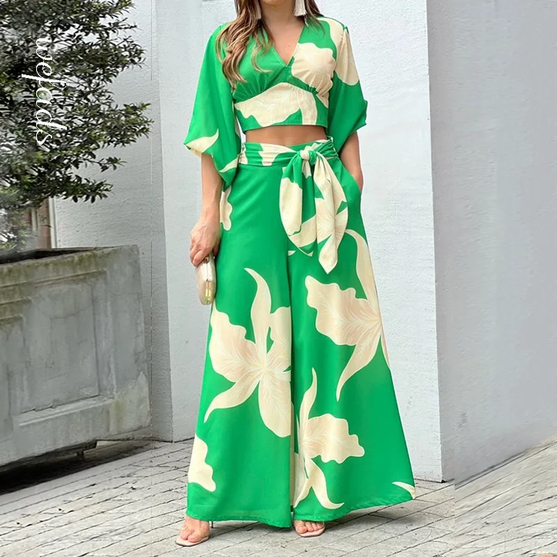 Brownm Brownm Women's V-Neck Lantern Sleeve Short Long Sleeve Top Wide Leg Pants Fashion Casual Suit Women
