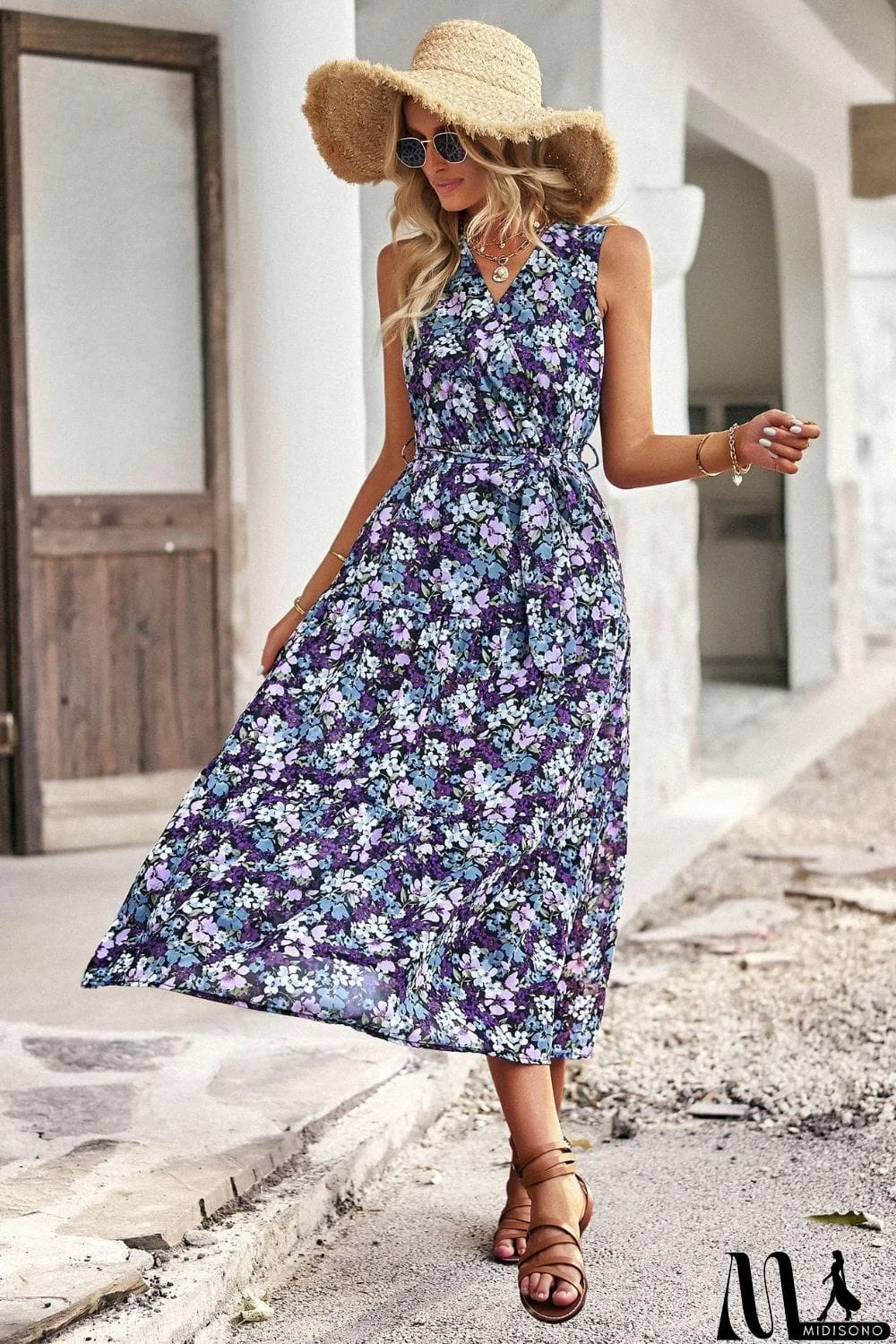 MidiSono - Floral Belted Surplice Sleeveless Tiered Dress