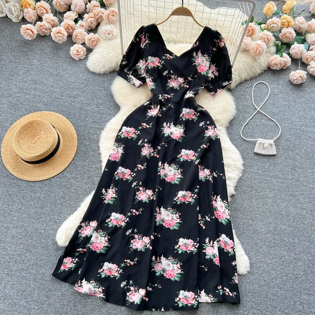 Women's Summer Outfits Square-Collar Printed Contrast Dress