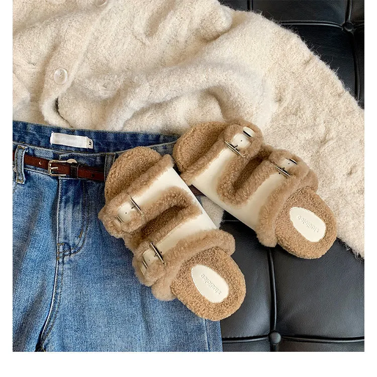 Women's Casual Colorblock Open Toe Flat Sole Plush Slippers