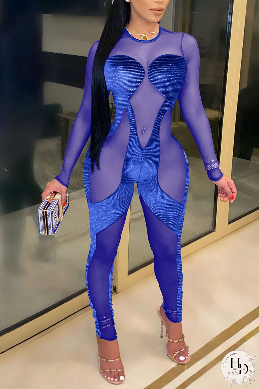 Black Sexy Solid Split Joint O Neck Skinny Jumpsuits