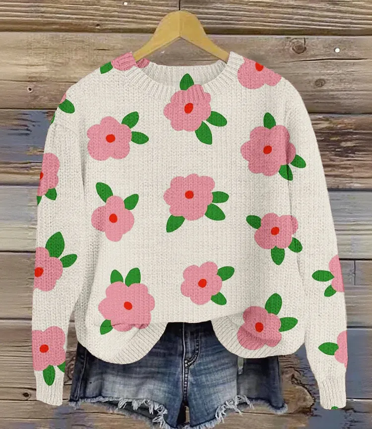 Vintage Lovely Flower Art Print Knit Pullover Sweater