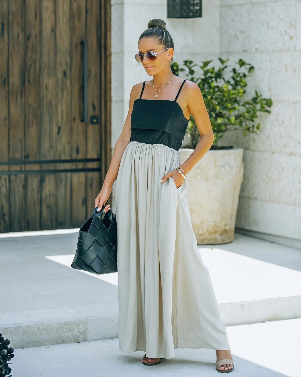 ABEBEY-Summer Vacation Beach Dress Casual Dress Ins Style Photograph Dress Marcellus Pocketed Colorblock Maxi Dress - Black Nude