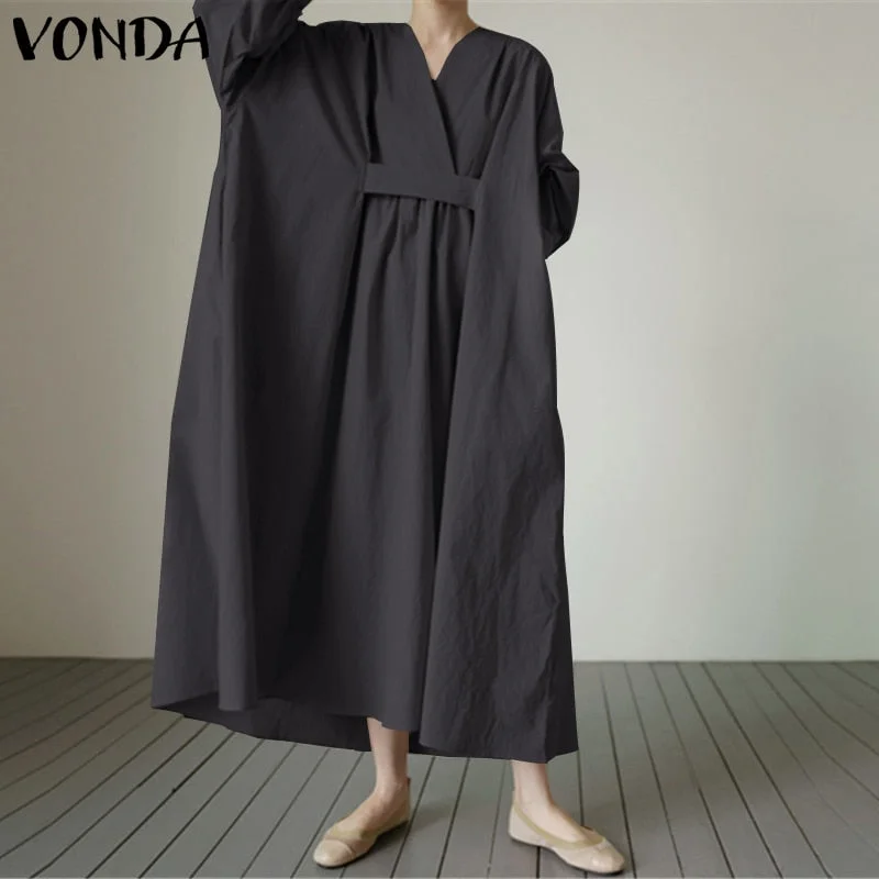 Elegant Women's Dress Bohemian Sundress Casual Long Sleeve Pleated Long Maxi Dress  Robe Femme VONDA 2022 Casual Vestidos