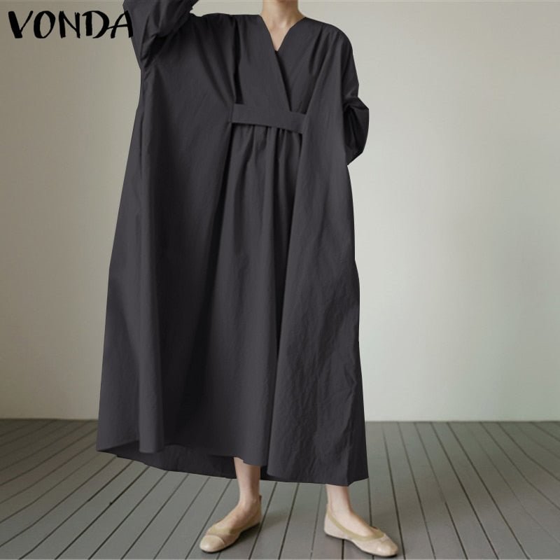 Elegant Women's Dress Bohemian Sundress Casual Long Sleeve Pleated Long Maxi Dress Robe Femme VONDA 2022 Casual Vestidos