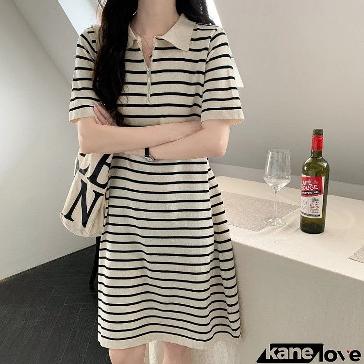 Women Casual Stripe Print Polo Neck Loose Dress